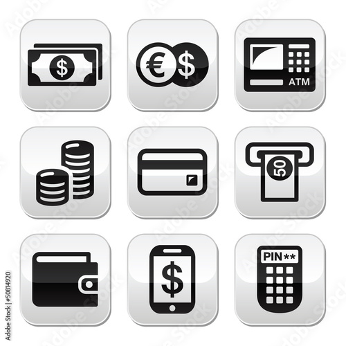 Money, atm - cash mashine vector buttons set