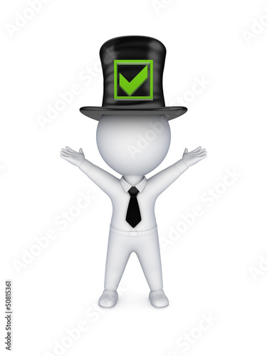 3d small person in top-hat with green tick mark.