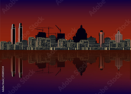 night large city with reflection