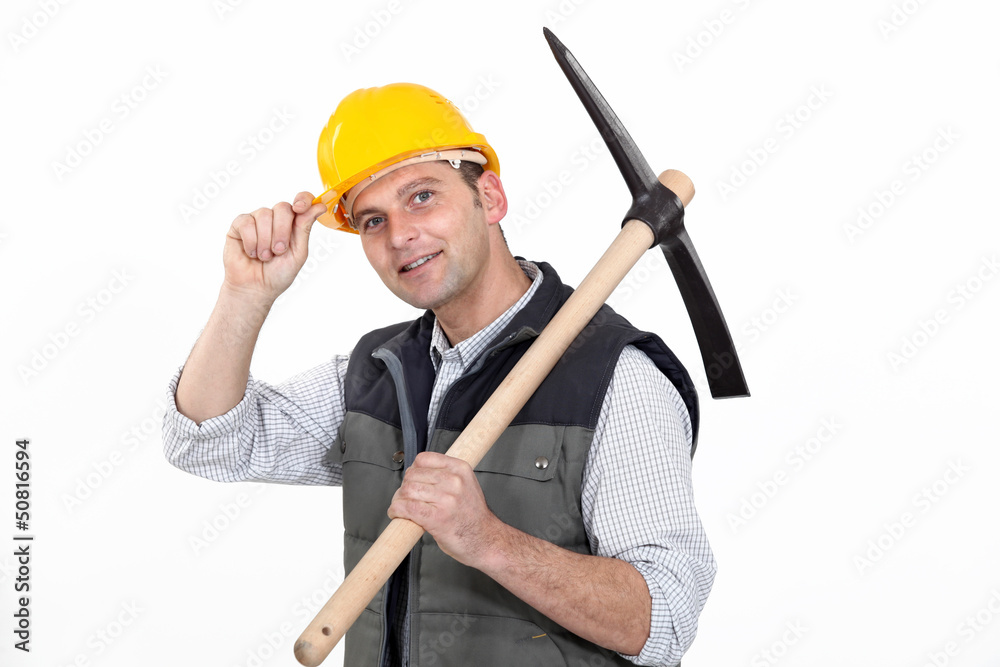 Man with ax tipping helmet Man with ax tipping helmet