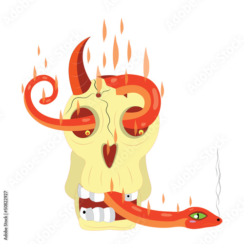 Skull and fiery snake.