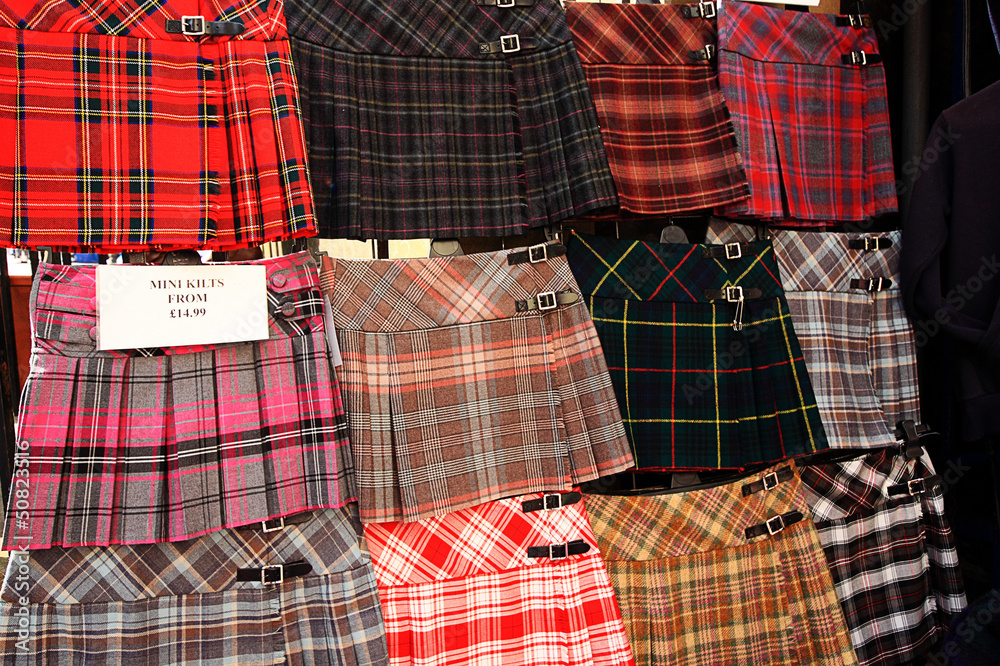 Scottish kilts on display outside the shop