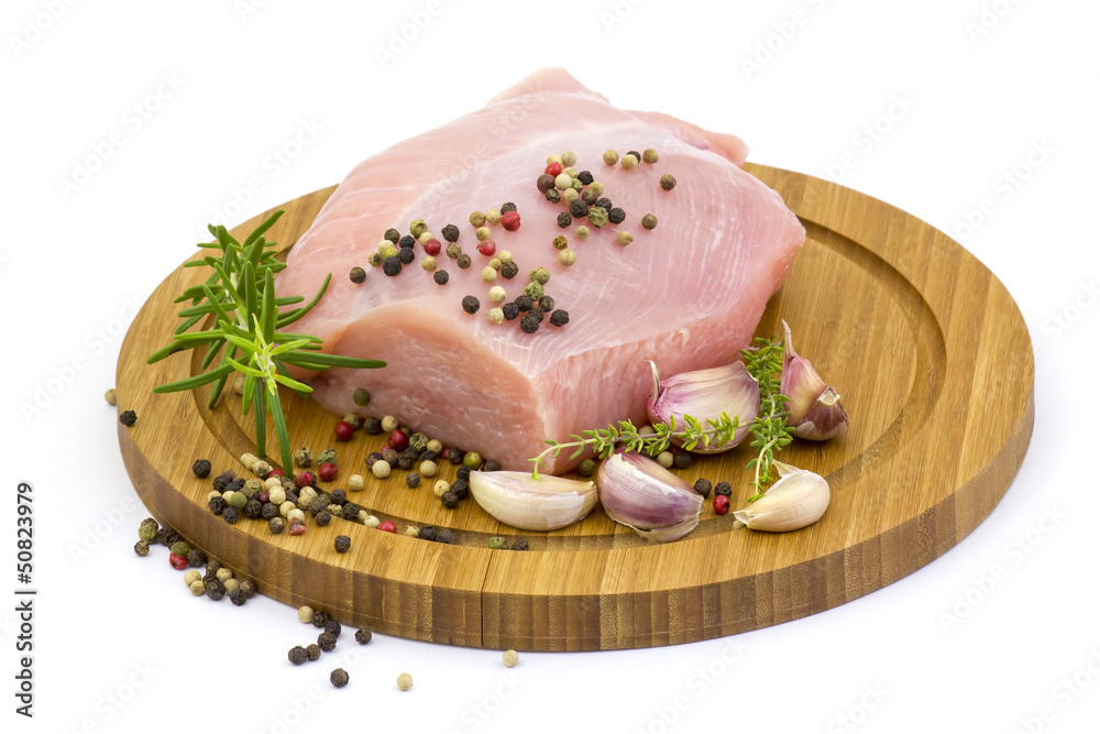 turkey meat on wooden board with various herbs and spices turkey meat on wooden board with various herbs and spices