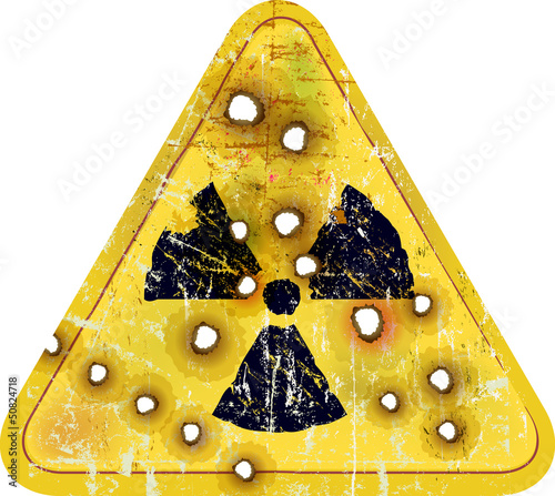 radiation sign, nuclear power warning sign, bullet holes
