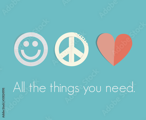 Papercut smile, peace sign and red heart
