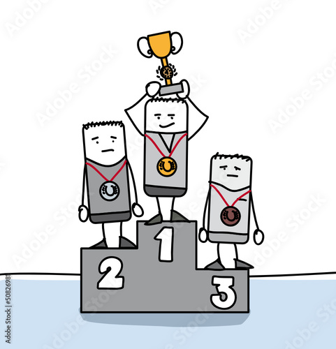 Personnages sur un podium avec une médaille autour du cou
