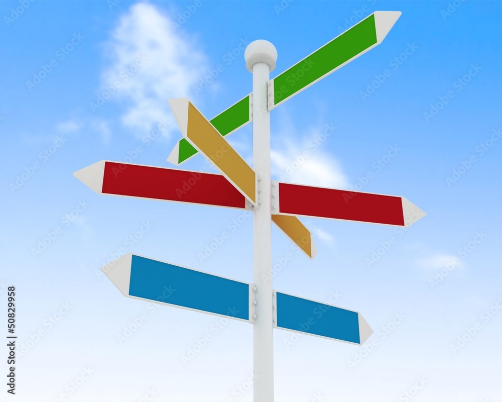 Direction road signs on blue sky  background.