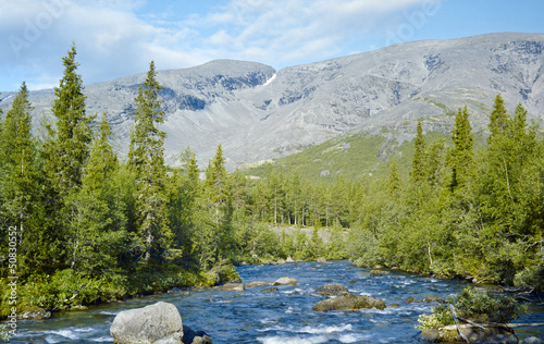 Khibiny Mountains with Kunijok river and Northern Chorrgor Pass