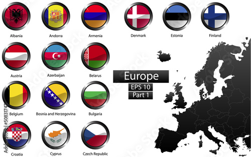 Glossy metal flag buttons, European countries, part 1