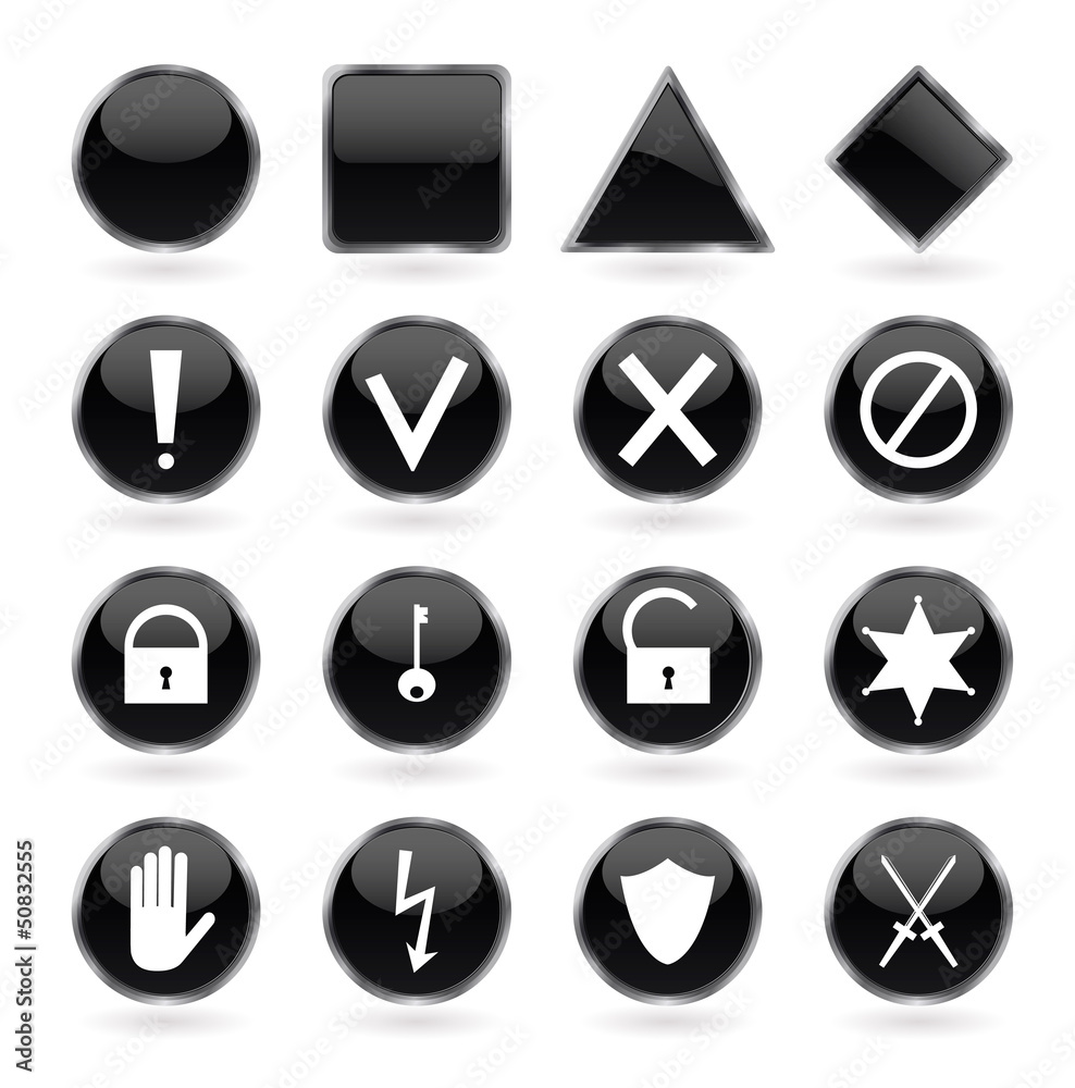 Buttons with security, hazard, warning and prohibiting signs Buttons with security, hazard, warning and prohibiting signs