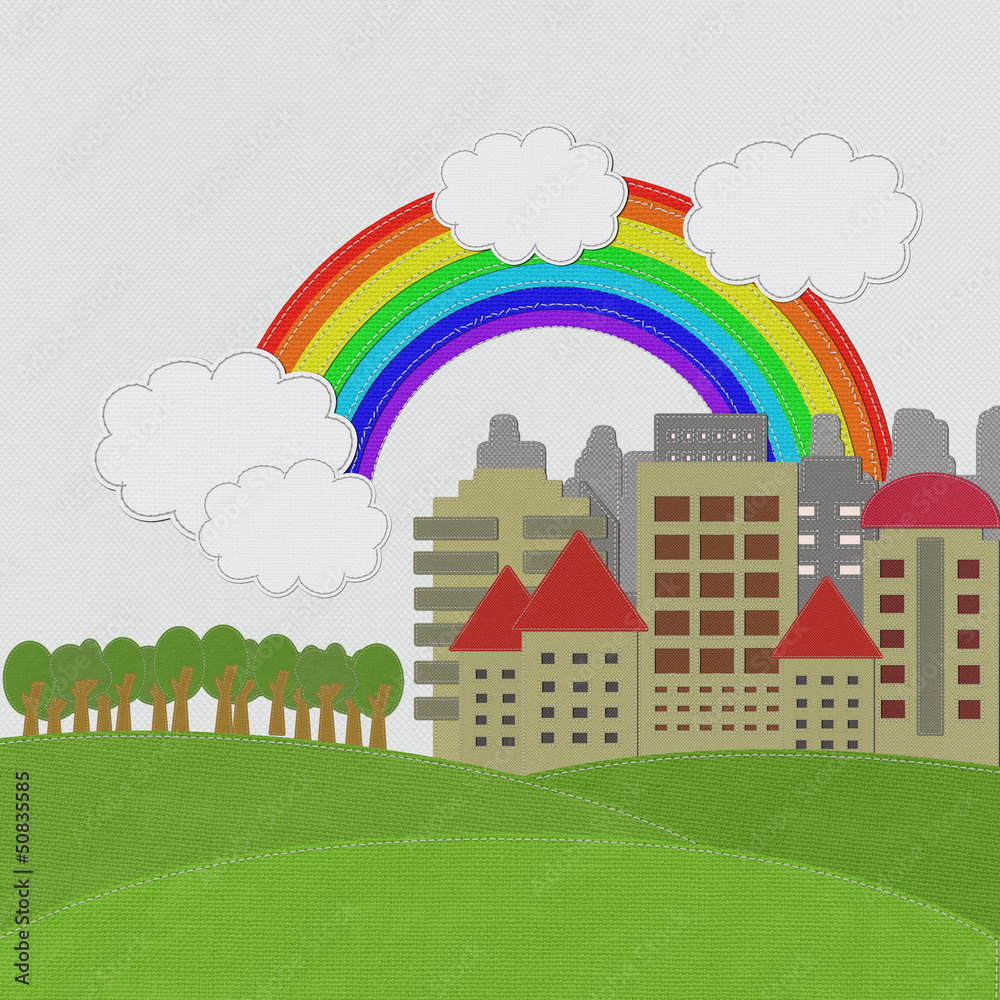 Modern Building with stitch style on fabric background Modern Building with stitch style on fabric background