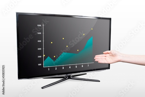 Business success growth chart. Hand showing modern TV screen
