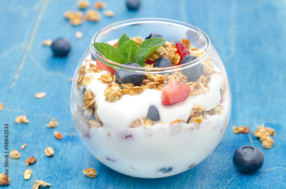 layered dessert with yogurt, granola, fresh berries layered dessert with yogurt, granola, fresh berries