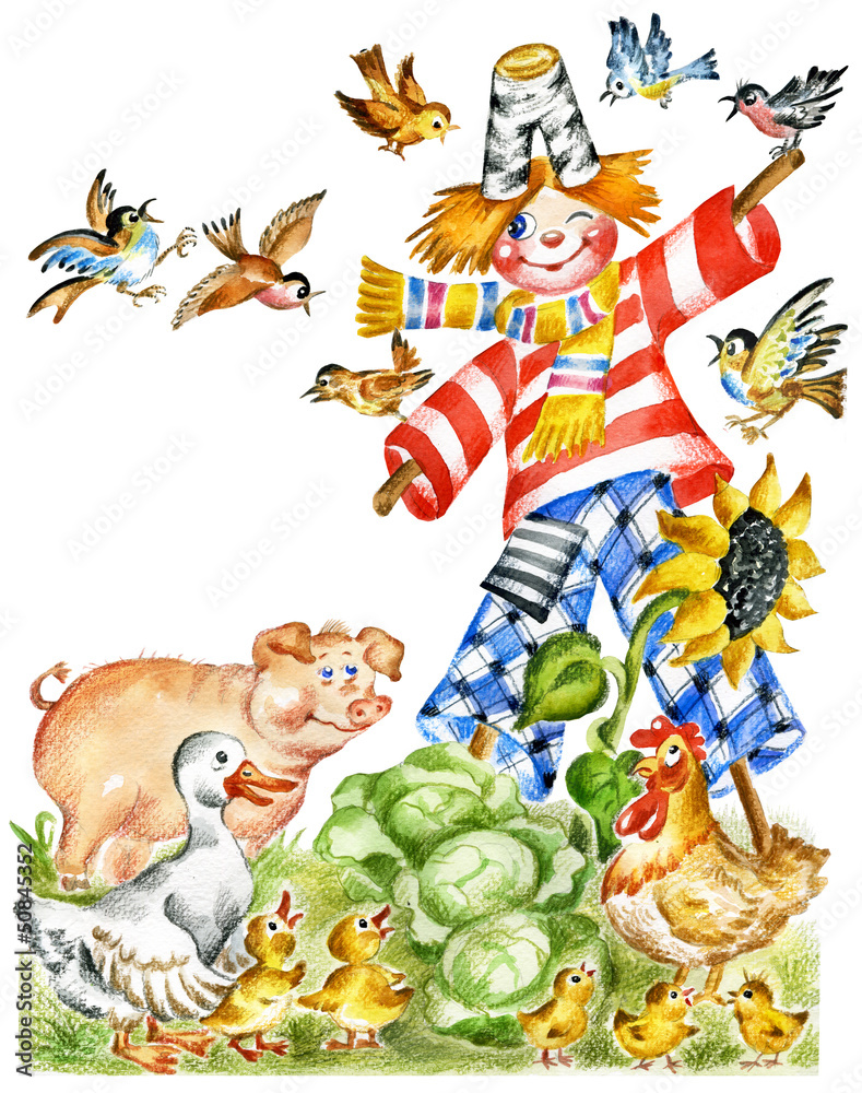 Happy scarecrow, pig, goose, hen and chickens
