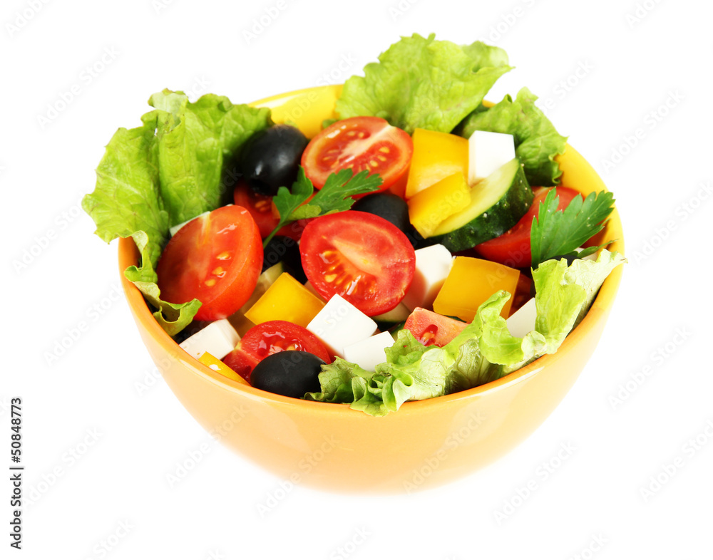 Tasty Greek salad isolated on white