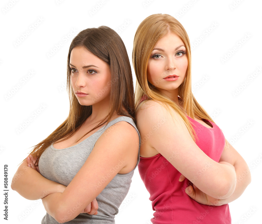 Two girl friends quarrel isolated on white Two girl friends quarrel isolated on white