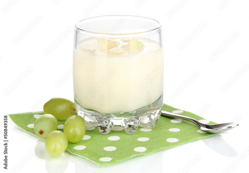 Delicious yogurt in glass with grapes isolated on white Delicious yogurt in glass with grapes isolated on white