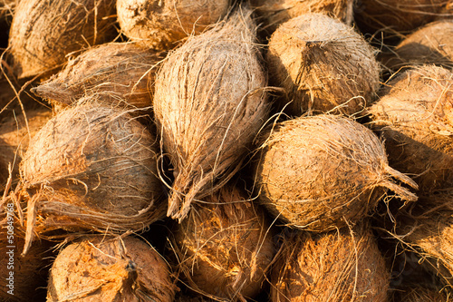 Tropical fruits natural background. Coconuts