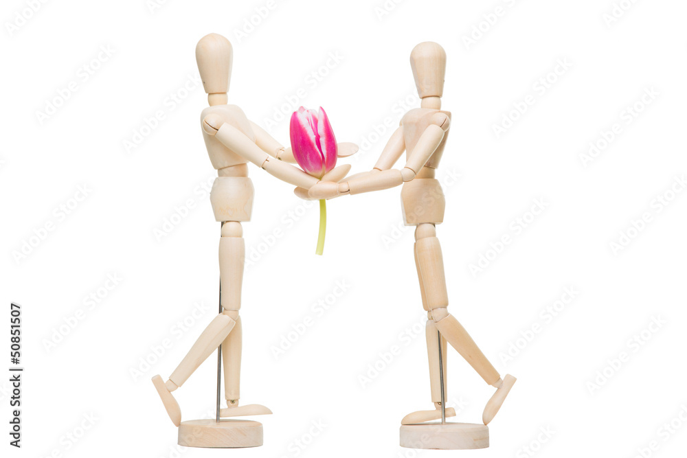 wooden little man giving flower on the isolated white wooden little man giving flower on the isolated white