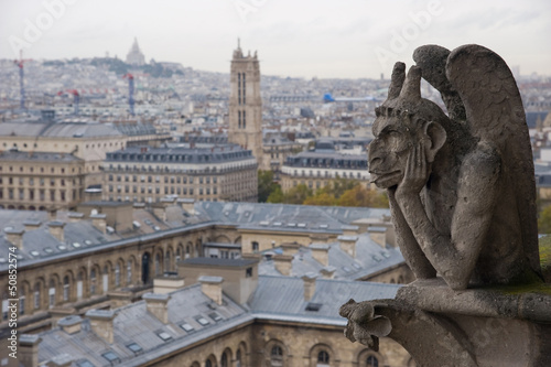 Fototapeta Stone gargoyle overlooking Paris from the Notre Dame