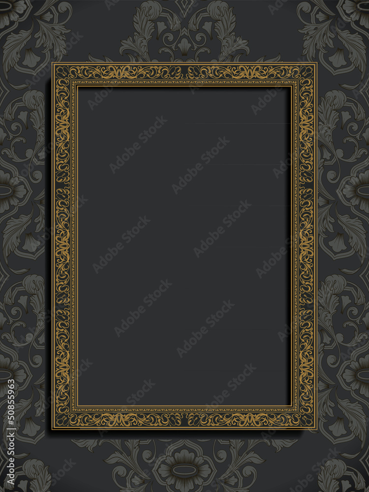 Naklejka premium Ornamental gold frame on damask wallpaper, vintage background