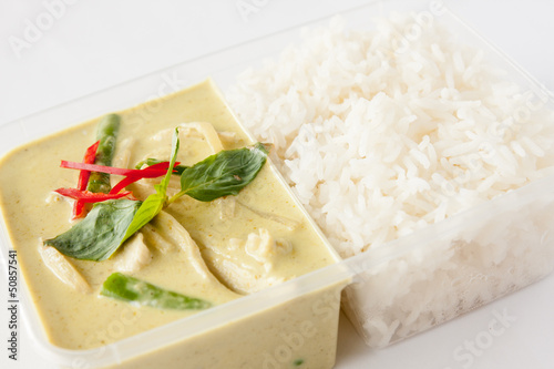 Thai take away food, green curry with rice