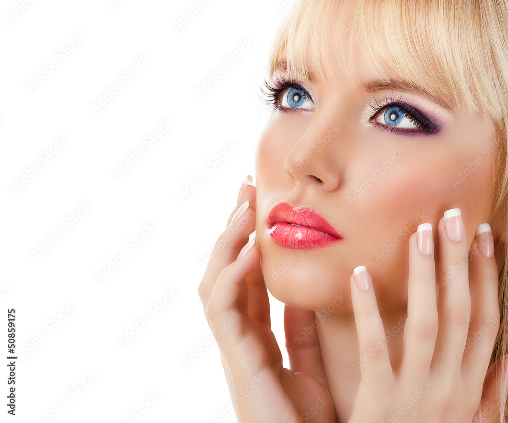 Blonde woman with manicure and purple makeup Blonde woman with manicure and purple makeup