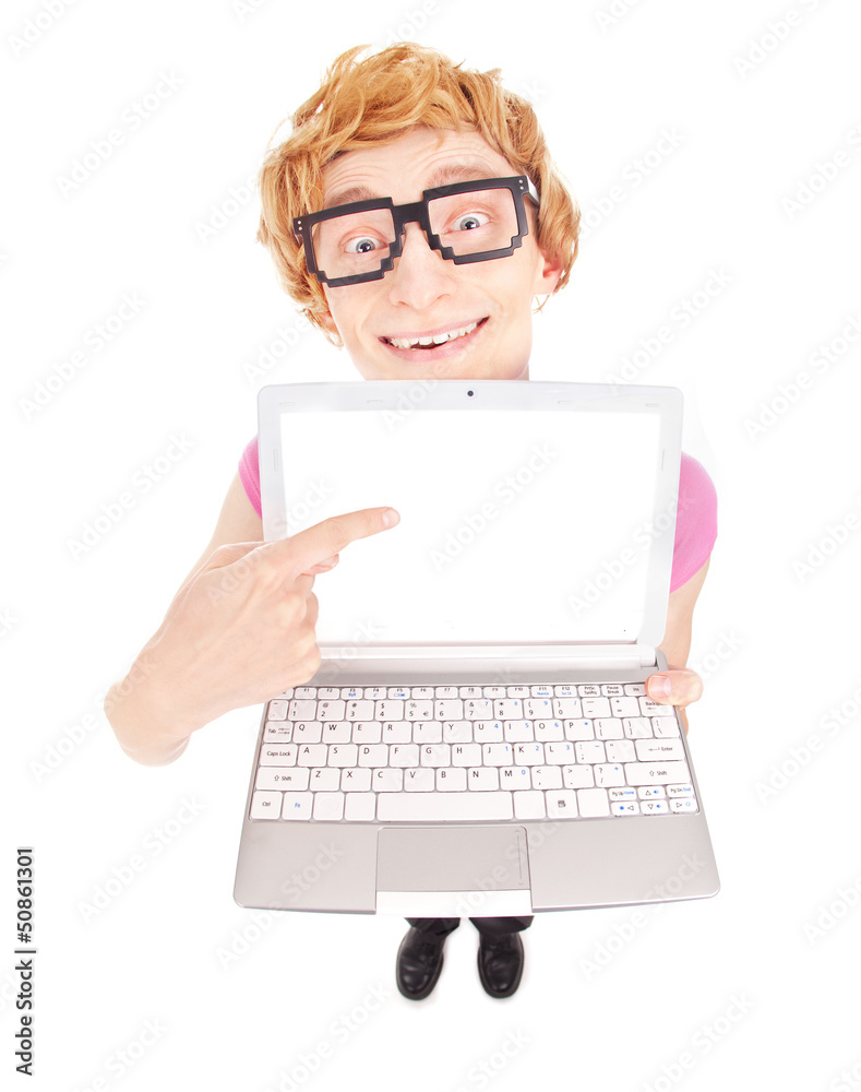 Funny nerdy guy showing laptop screen with your text Funny nerdy guy showing laptop screen with your text