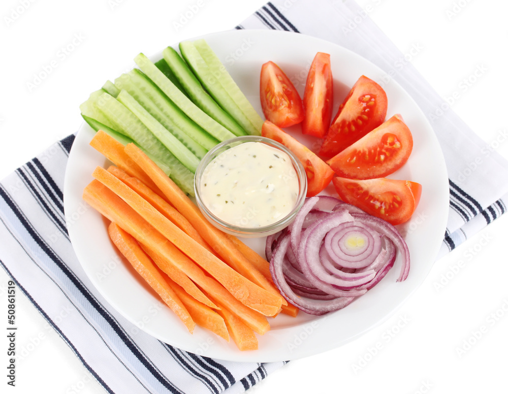 Assorted raw vegetables sticks in plate isolated on white Assorted raw vegetables sticks in plate isolated on white