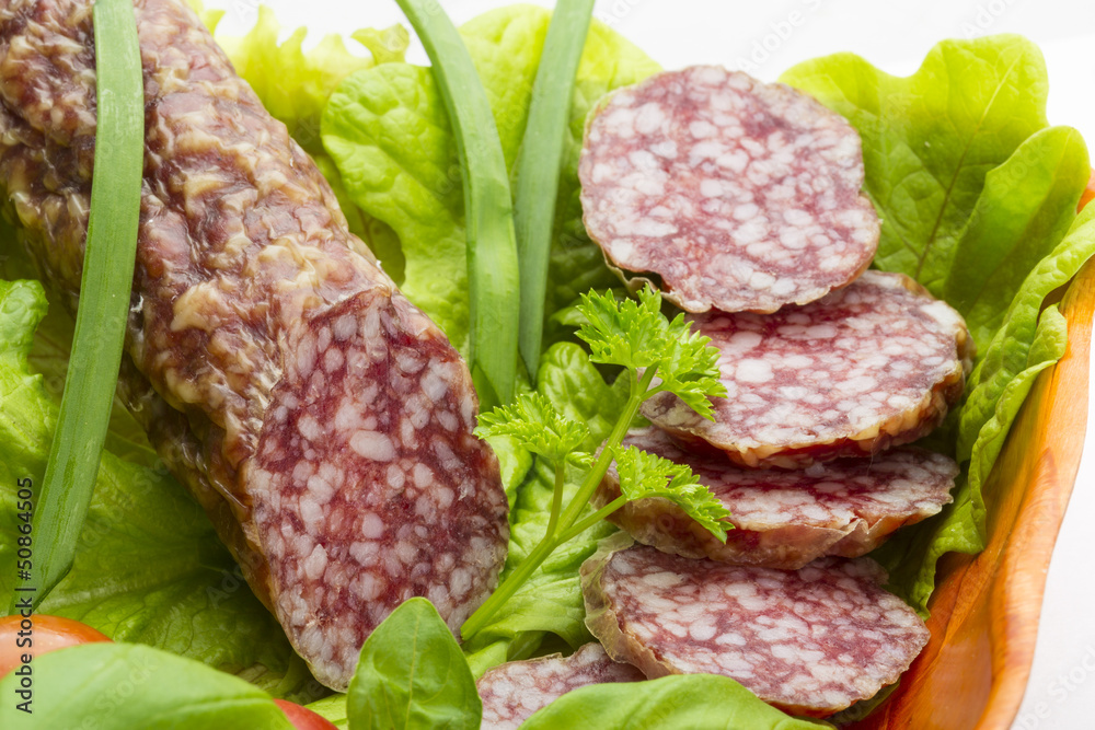 Ripe salami with salad, basil, onion and tomato Ripe salami with salad, basil, onion and tomato