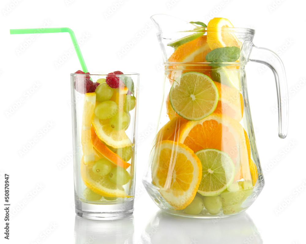 transparent jar and glass with citrus fruits and raspberries, transparent jar and glass with citrus fruits and raspberries,