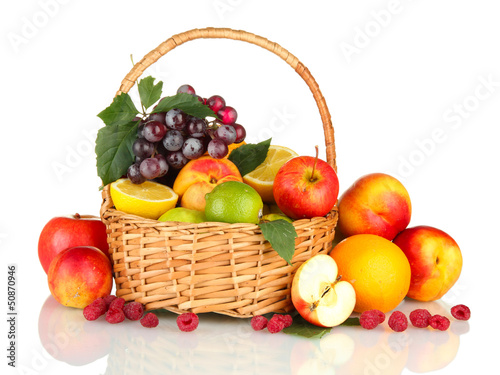Fototapeta Naklejka Na Ścianę i Meble -  Assortment of exotic fruits in basket, isolated on white