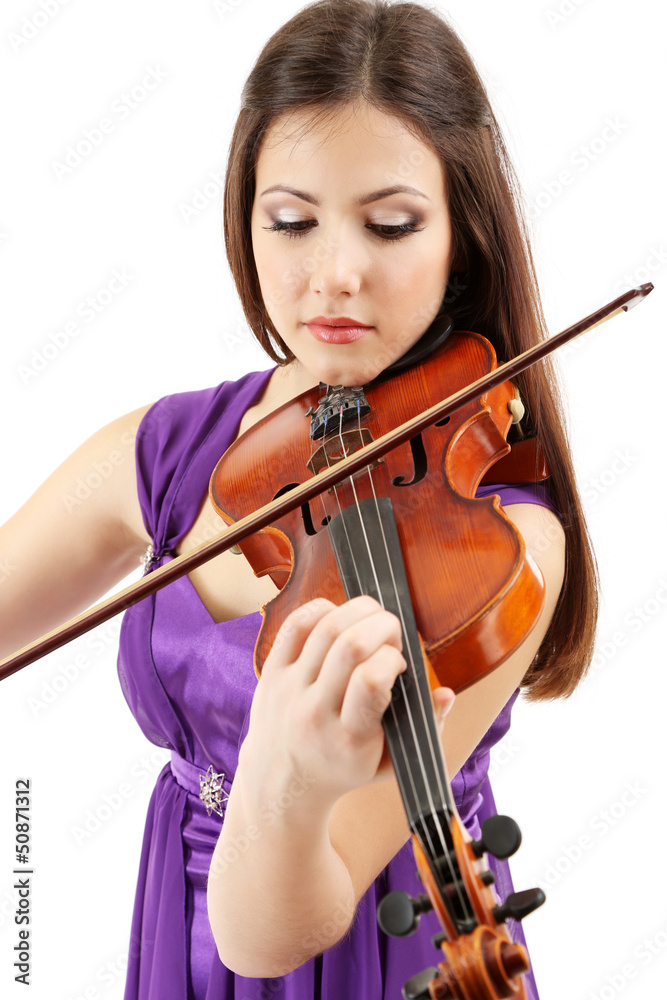 Beautiful young girl with violin, isolated on white Beautiful young girl with violin, isolated on white