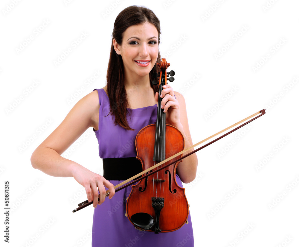 Beautiful young girl with violin, isolated on white Beautiful young girl with violin, isolated on white