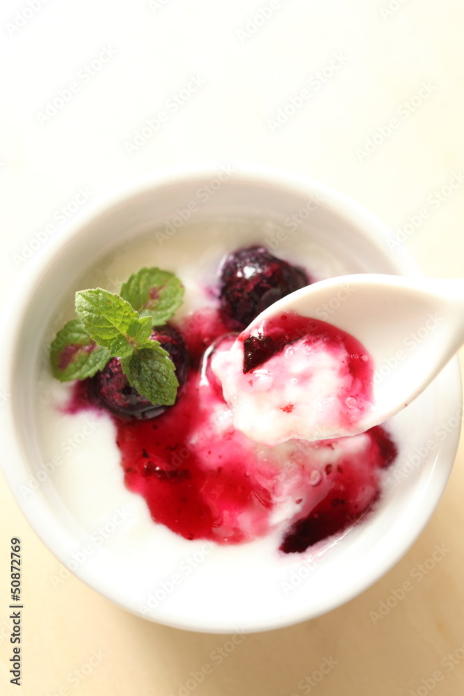 yogurt and blueberry sauce with mint on top yogurt and blueberry sauce with mint on top