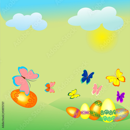 illustrations Easter eggs on the grass with butterflies