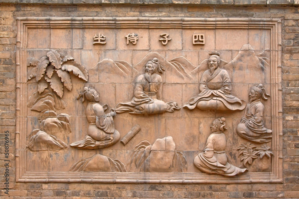 relief on the wall in a museum, ancient Chinese traditional styl