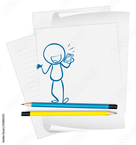A paper with a sketch of a person holding a phone