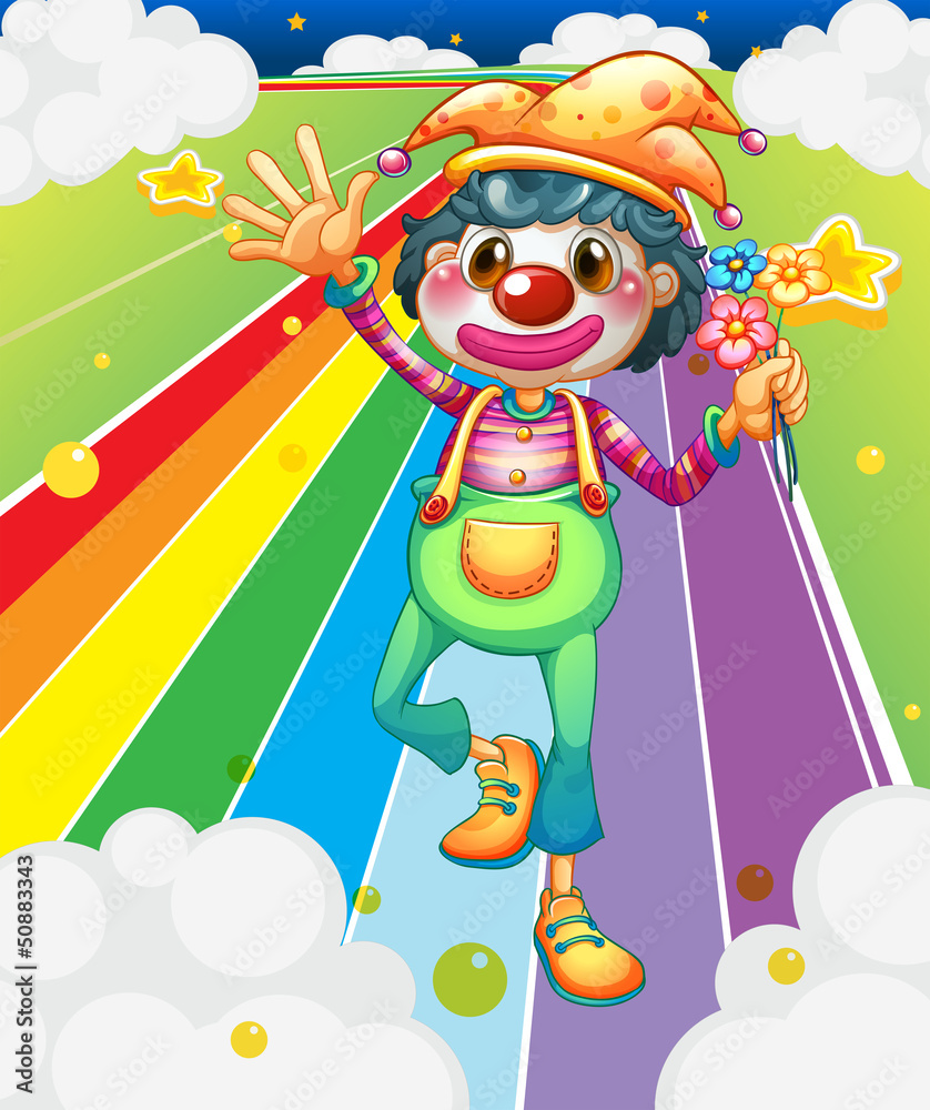 A female clown with flowers at the colorful road A female clown with flowers at the colorful road