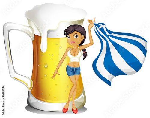 A girl holding the flag of Greece in front of a big mug of beer