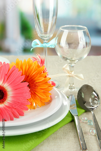 Table serving on bright background