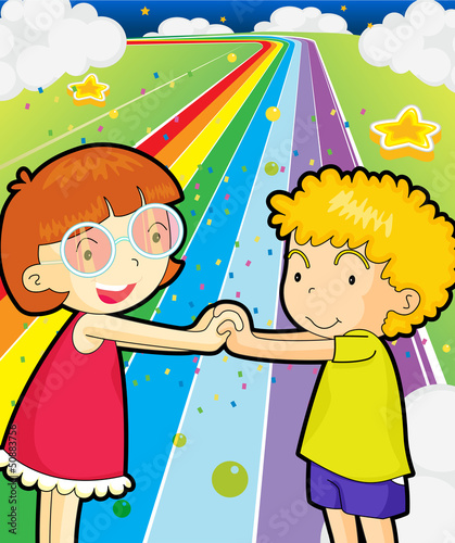 A colorful road with a girl and a boy holding hands