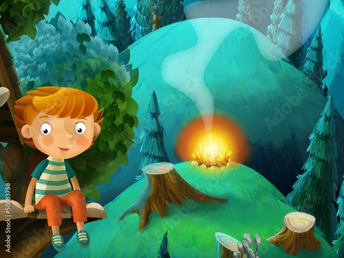 The fairy tales drawing of a child in the wood