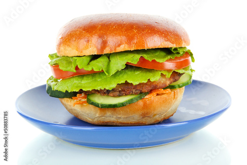 Big and tasty hamburger on plate isolated on white