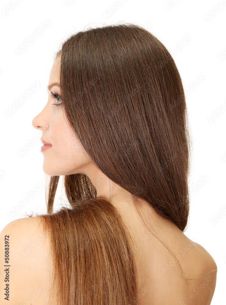 Obraz premium Portrait of beautiful woman with long hair, isolated on white