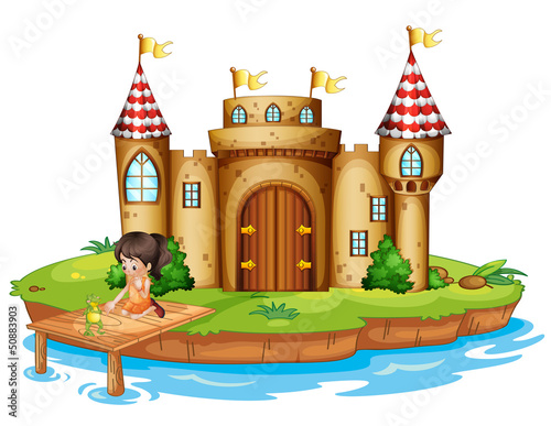 A girl sitting with a frog in front of a castle