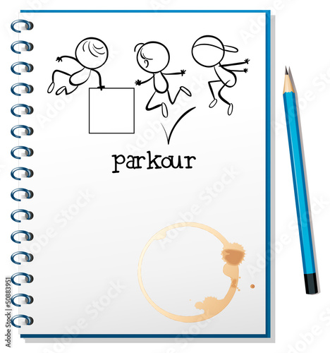 A notebook with a sketch of a parkour training at the cover page