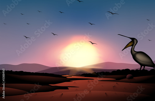 A sunset at the desert with a flock of birds