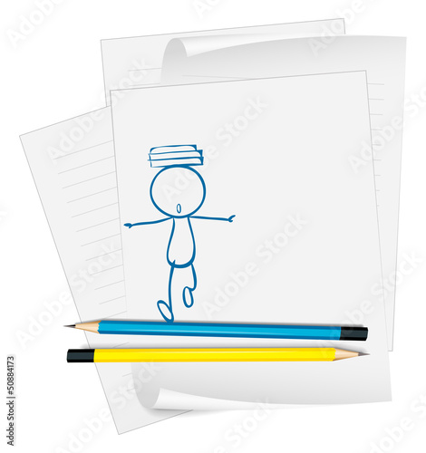 A paper with a sketch of a boy with books above his head