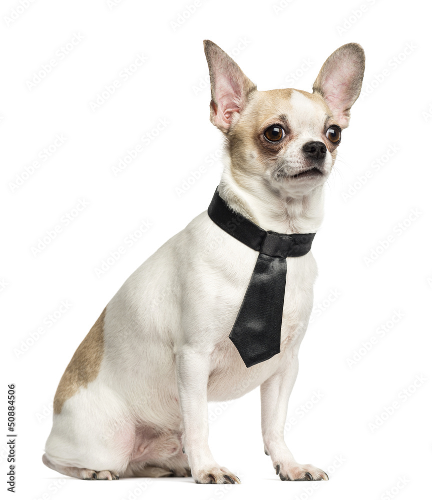 Chihuahua (2 years old) sitting and wearing a tie